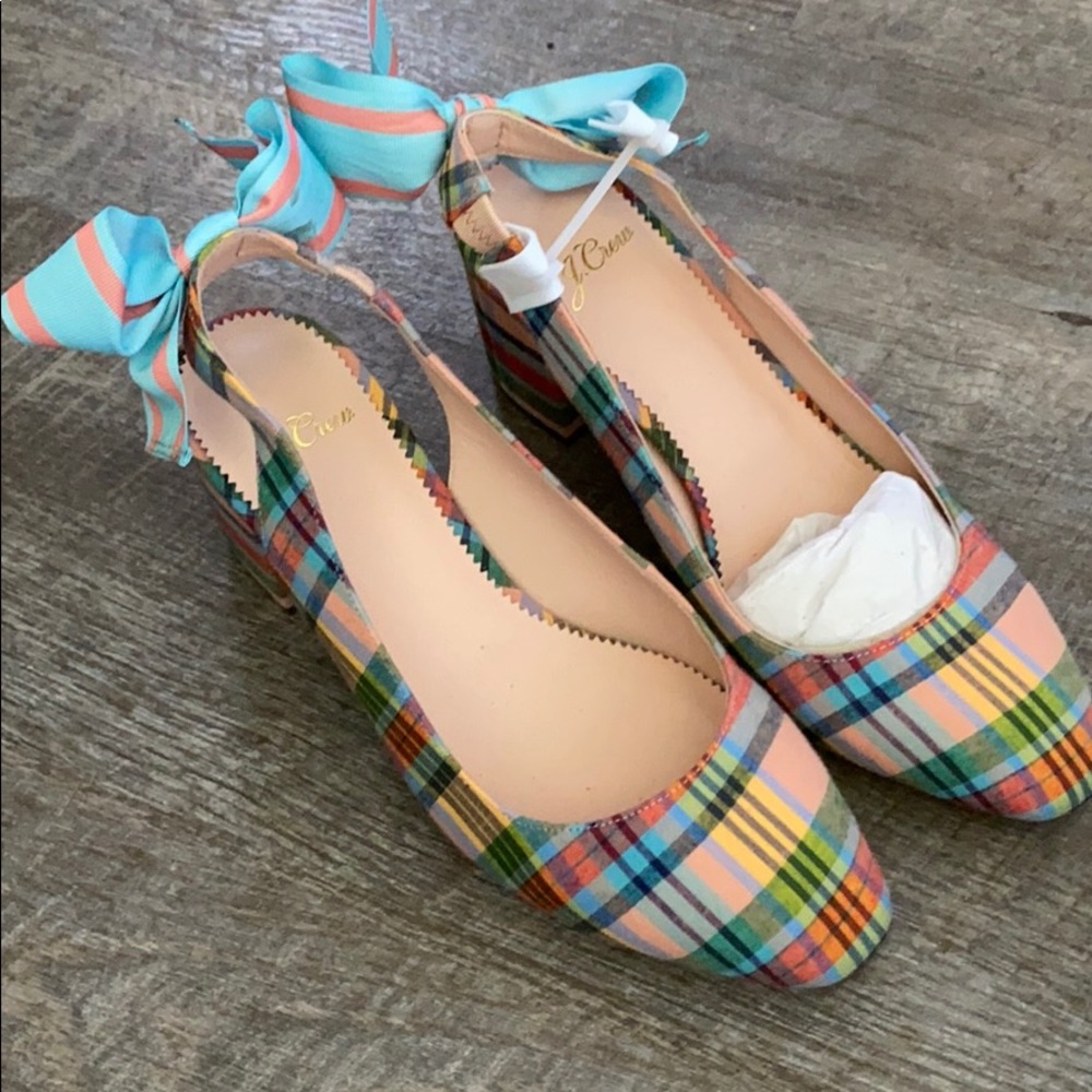 Bow back slingback pumps, ribbon plaid. Item AJ748